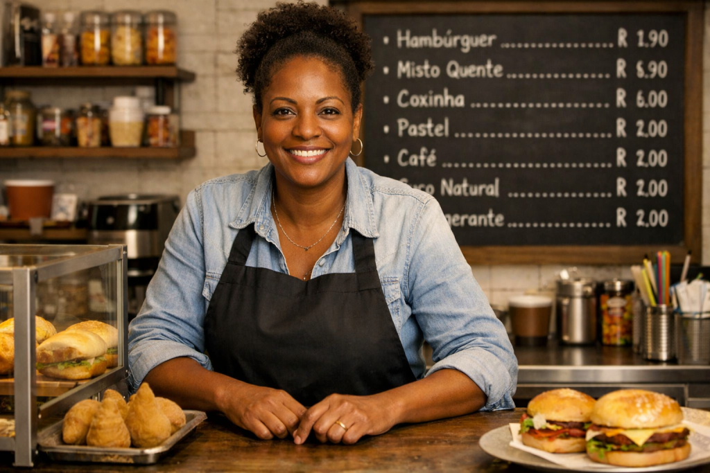 Mulher sorridente em lanchonete simples, com hambúrgueres e coxinhas no balcão, representa tendências para microempreendedores em 2026: negócios locais, atendimento acolhedor e cardápios acessíveis e diversificados.