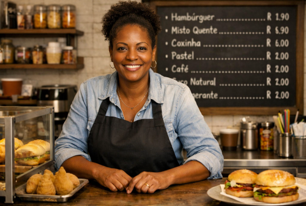 Mulher sorridente em lanchonete simples, com hambúrgueres e coxinhas no balcão, representa tendências para microempreendedores em 2026: negócios locais, atendimento acolhedor e cardápios acessíveis e diversificados.