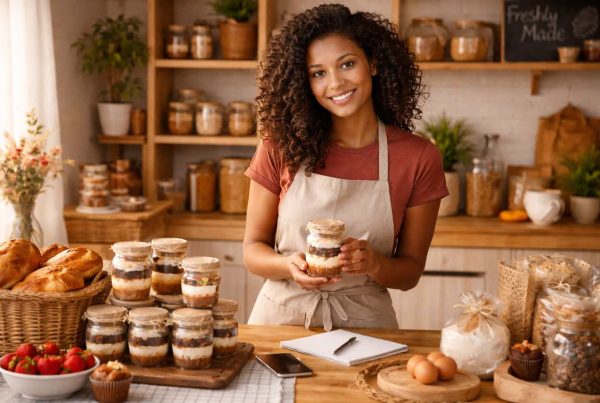 Mulher em cozinha artesanal exibe potes de sobremesa caseira, representando iniciativa de empreendedorismo social voltada à produção local, geração de renda e valorização comunitária.