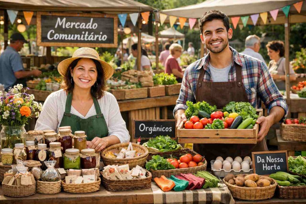 Imagem de mercado comunitário destaca produtos orgânicos e artesanais, ilustrando por que investir em microempreendedores locais fortalece economia e promove impacto social.
