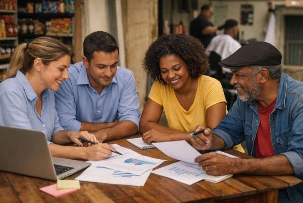 Quatro pessoas discutem documentos e gráficos em mesa de madeira, ilustrando como cocriar projetos com organizações sociais através de colaboração, planejamento e engajamento comunitário.