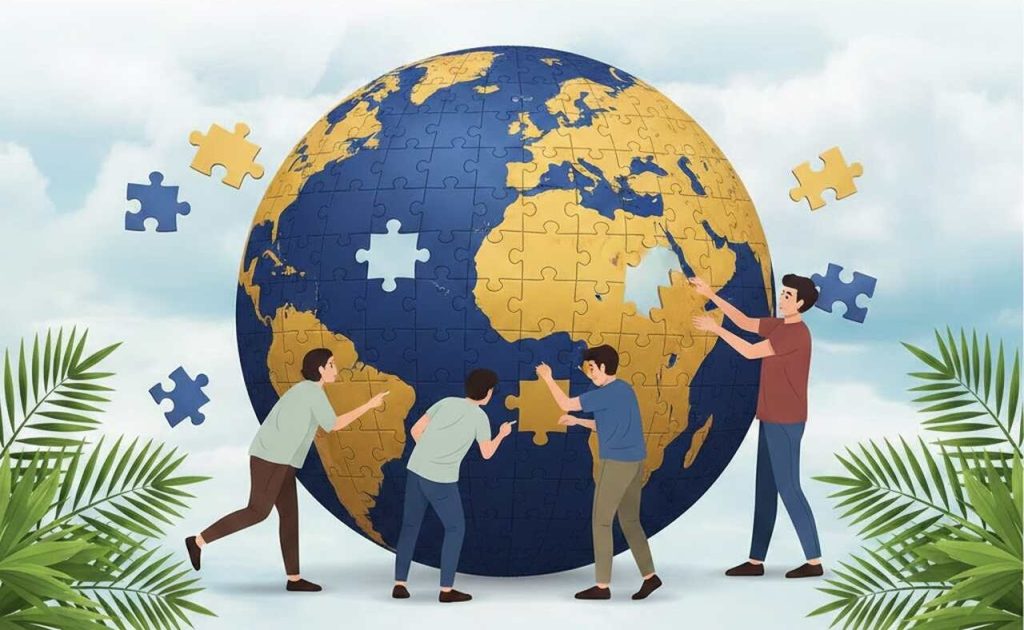 Ilustração mostra pessoas montando globo em forma de quebra-cabeça, simbolizando colaboração, sustentabilidade e união global, refletindo valores do empreendedorismo de impacto em escala mundial.