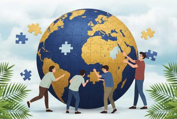 Ilustração mostra pessoas montando globo em forma de quebra-cabeça, simbolizando colaboração, sustentabilidade e união global, refletindo valores do empreendedorismo de impacto em escala mundial.