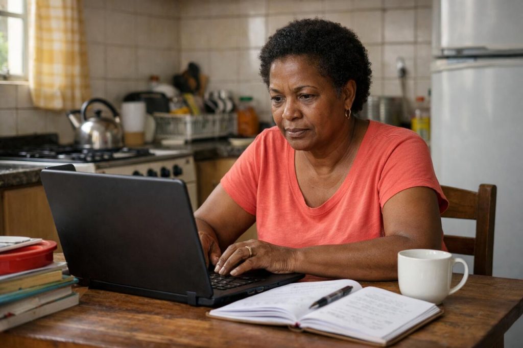 Adulta estudando em cozinha doméstica, laptop aberto, caderno com anotações, livros e café; cena prática de andragogia aplicada.
