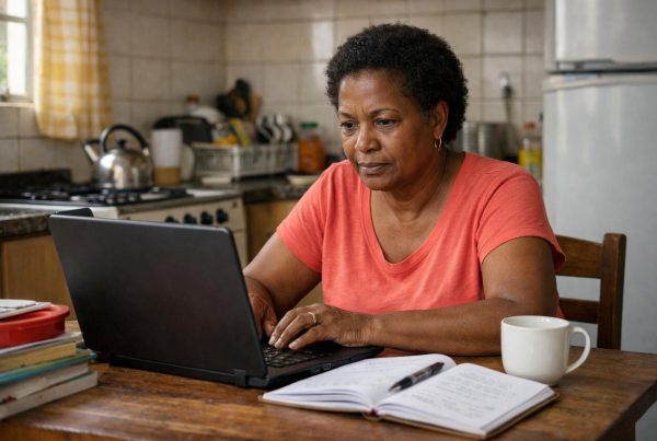 Adulta estudando em cozinha doméstica, laptop aberto, caderno com anotações, livros e café; cena prática de andragogia aplicada.