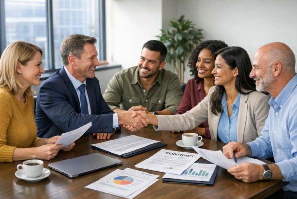 Reunião empresarial em escritório moderno, aperto de mãos na mesa, contrato, gráficos, laptop, café, simbolizando coalizão organizacional.