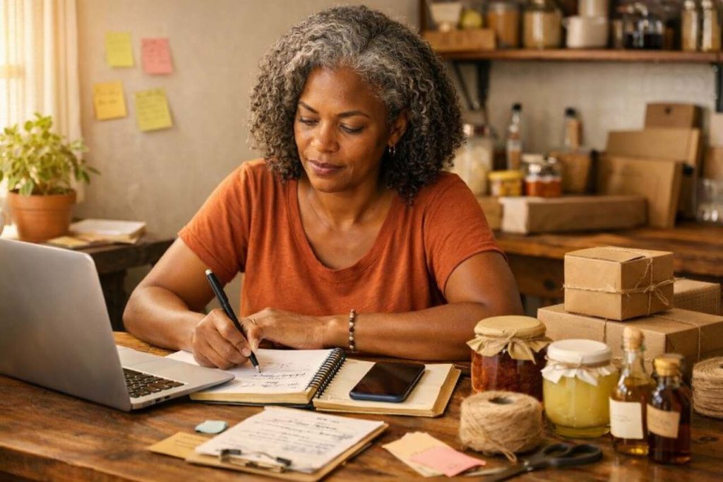 Pessoa escreve em caderno, cercada por laptop, pacotes artesanais e jarros, simbolizando transformação social através trabalho criativo e colaborativo.