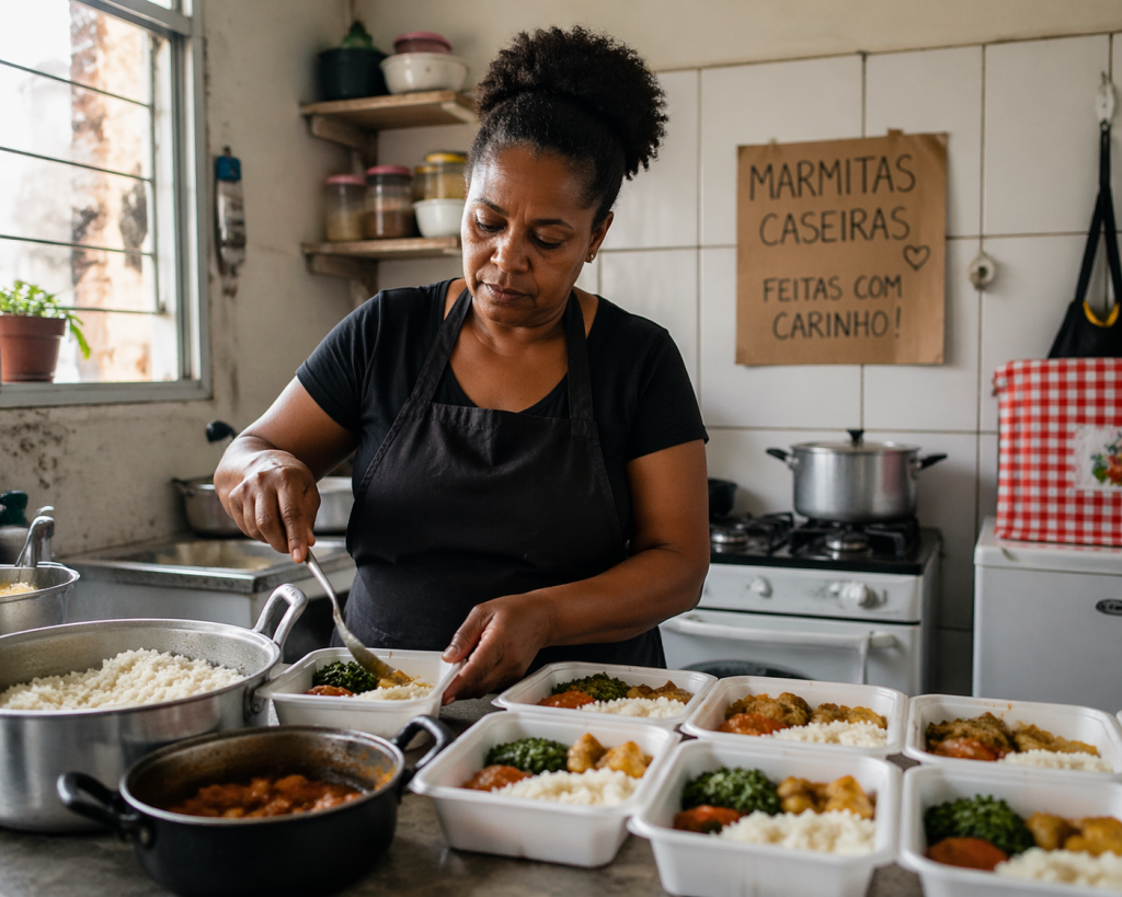 Pessoa prepara marmitas caseiras em cozinha acolhedora, simbolizando empreendedorismo de base com dedicação, cuidado e valorização da alimentação saudável.