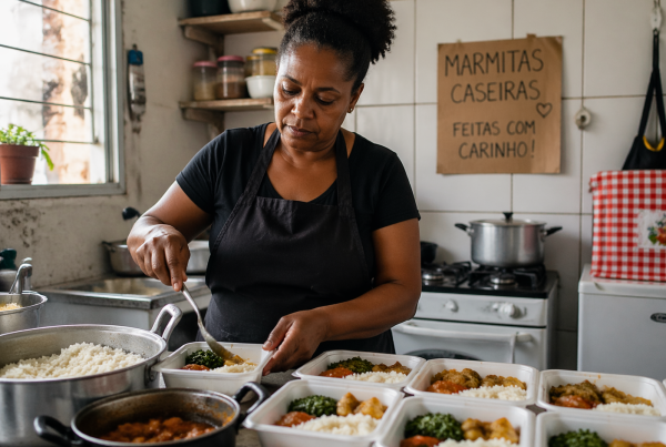 Pessoa prepara marmitas caseiras em cozinha acolhedora, simbolizando empreendedorismo de base com dedicação, cuidado e valorização da alimentação saudável.
