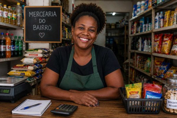 Pequeno comerciante sorridente em mercearia do bairro, mostrando ambiente comunitário e conexão prática com o que é microcrédito.