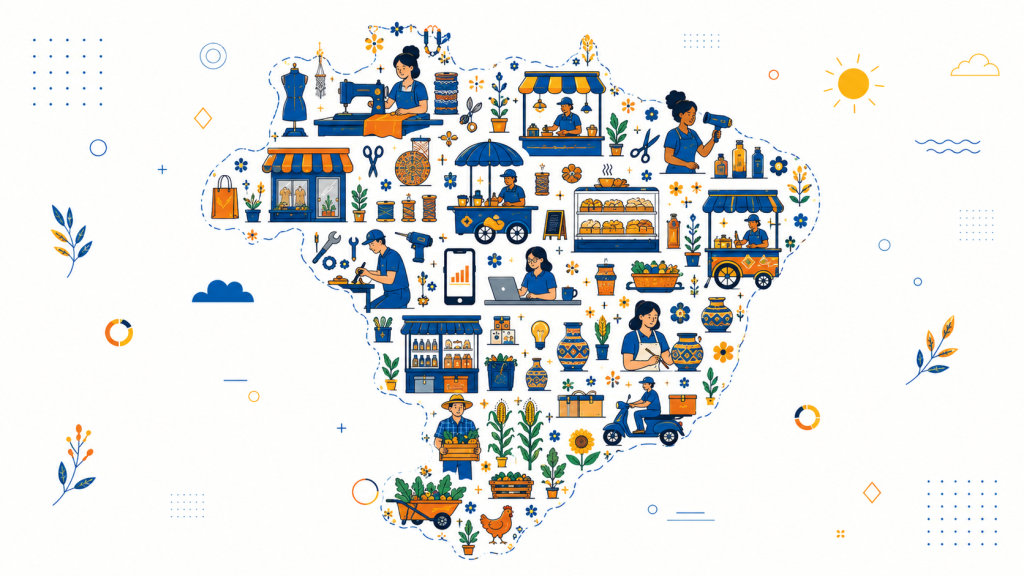 Mapa ilustrado do Brasil com artesãos e negócios locais para representar estudo sobre microempreendedorismo no Brasil em cores vibrantes.