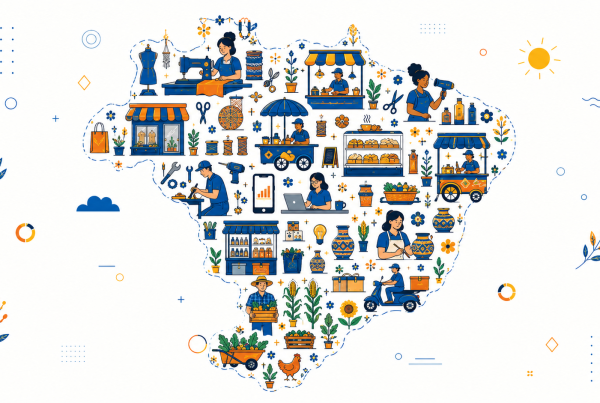 Mapa ilustrado do Brasil com artesãos e negócios locais para representar estudo sobre microempreendedorismo no Brasil em cores vibrantes.